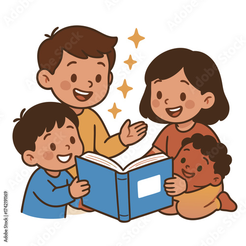 Group of Smiling Children Reading a Blue Book Together.