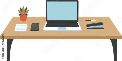 Modern desk setup with laptop calculator notebook and plant offers productive workspace isolated on transparent background