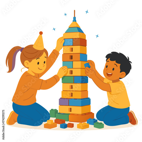 Happy cartoon boy and girl building a tall colorful block tower together.
