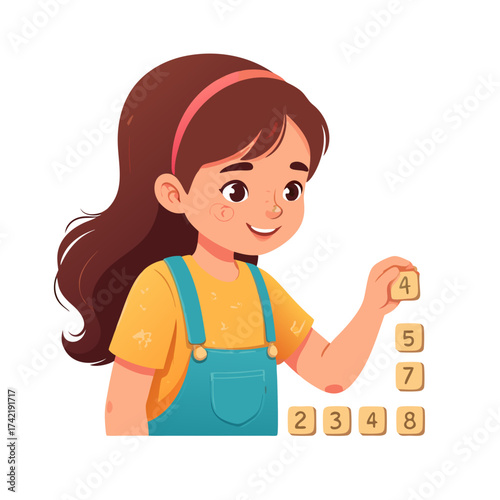 Happy cartoon girl with long brown hair in blue overalls playing with wooden number blocks.