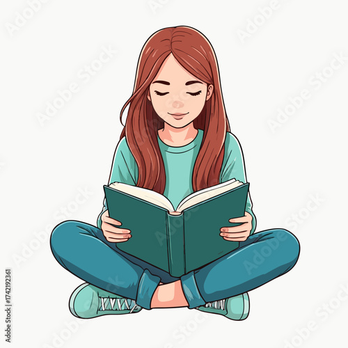 Illustrated young woman with long auburn hair sitting crosslegged and peacefully reading a dark green hardcover book.