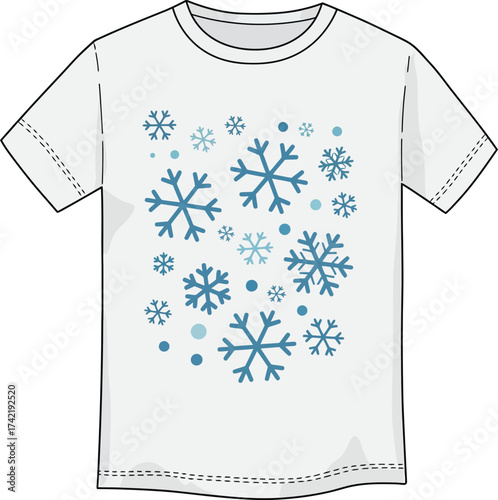 White t-shirt featuring a scattered array of blue and teal snowflakes in various sizes isolated on transparent background