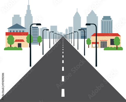 Cityscape perspective with straight road and buildings leading to horizon isolated on transparent background