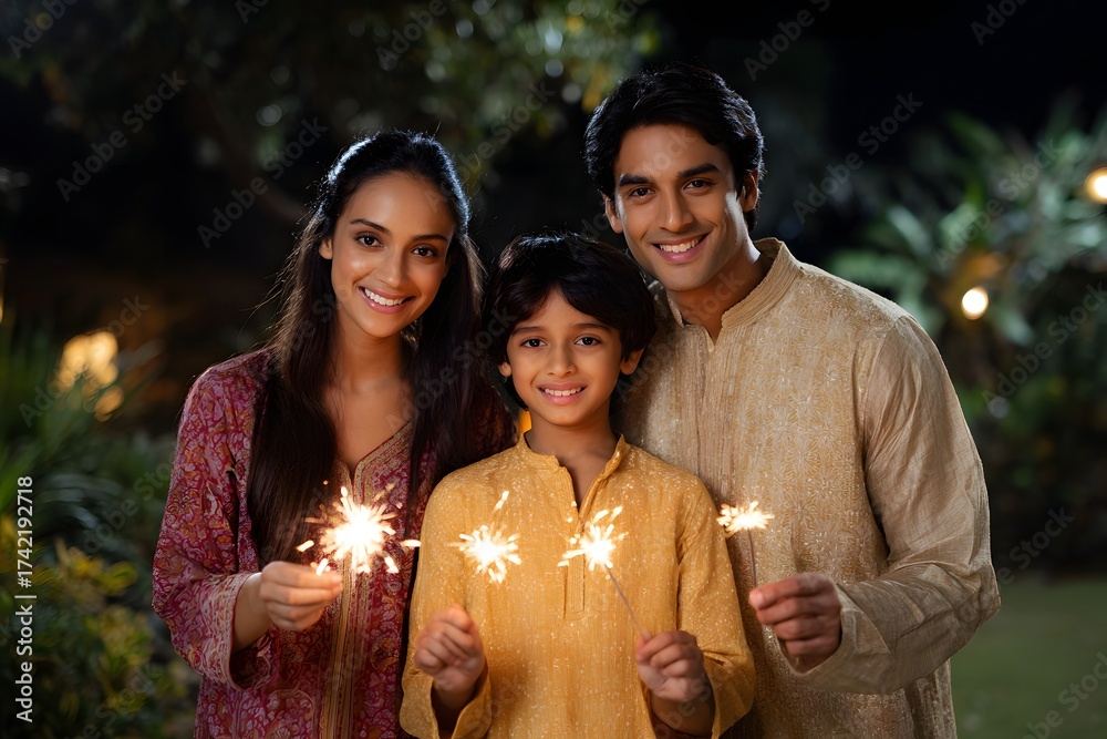Obraz premium Family enjoys sparklers together during Diwali celebration Generative AI