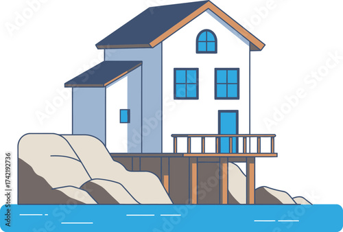 Minimalist flat design of a coastal house situated on rocks by the water isolated on transparent background