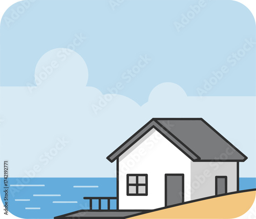 Cozy beachfront cottage with ocean view minimalist flat design landscape isolated on transparent background