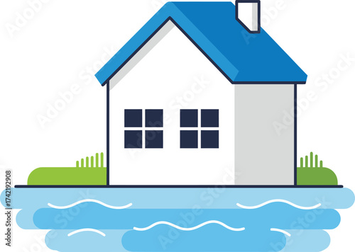 Flat design house illustration on water flooded landscape for disaster preparedness or insurance concepts isolated on transparent background