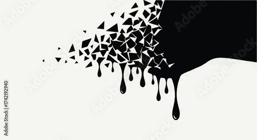 Abstract black ink dissolving into geometric shapes on a white background, symbolizing transformation and disintegration.