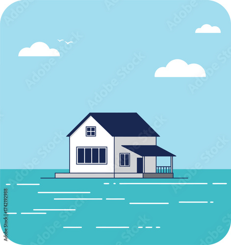 Modern house submerged in calm teal waters under a cloudy blue sky minimalist design isolated on transparent background