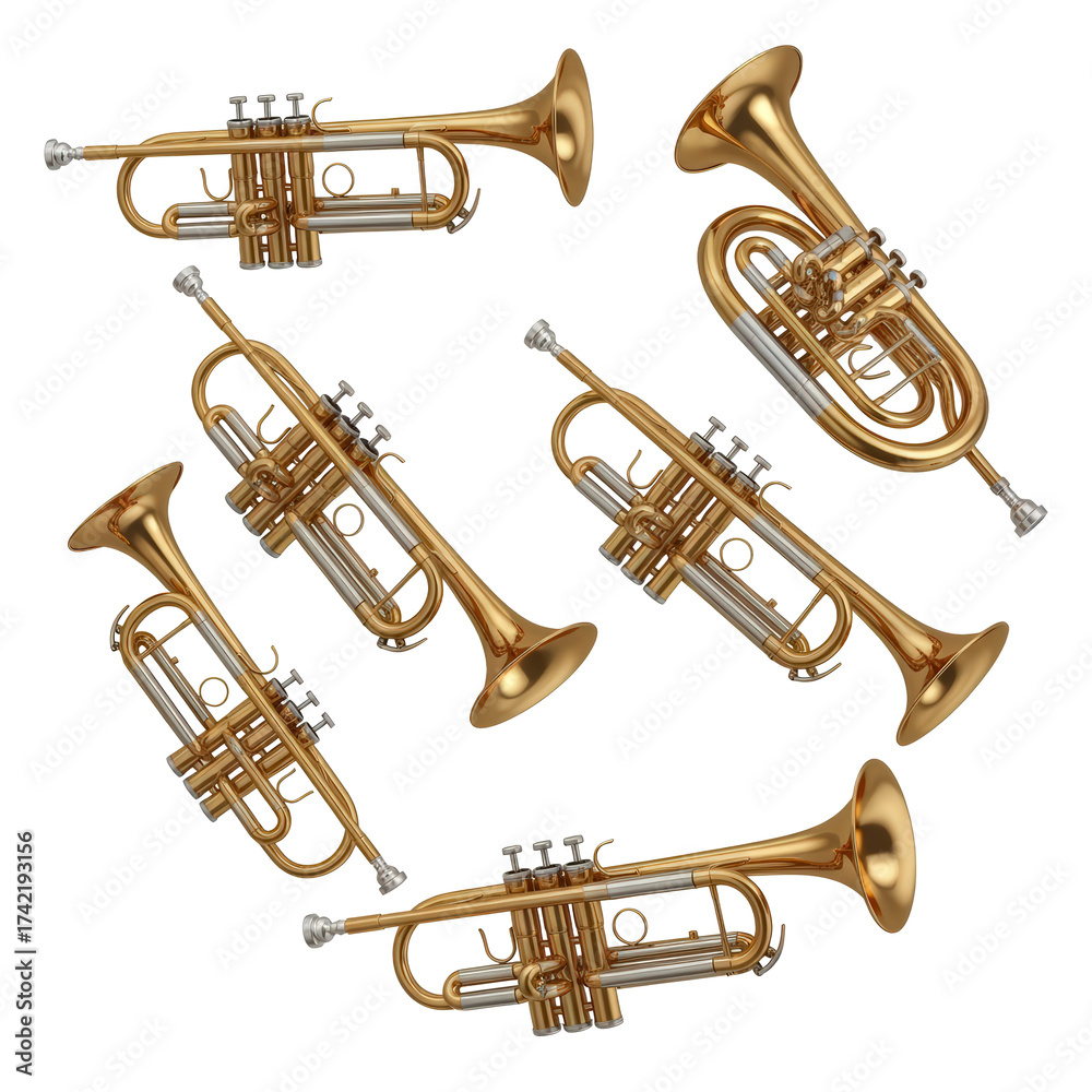 Fototapeta premium Collection of golden trumpets arranged in a circular pattern