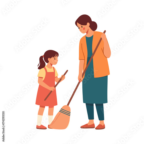 Mother and daughter cleaning together with brooms domestic chore.