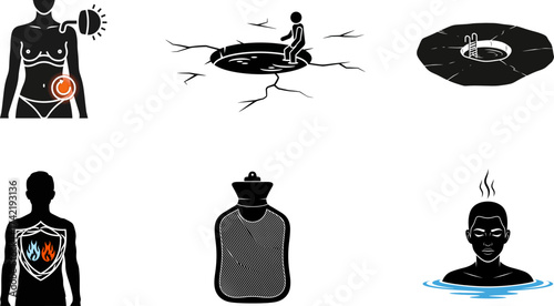 Illustrations depicting heatstroke dehydration and methods of cooling down.