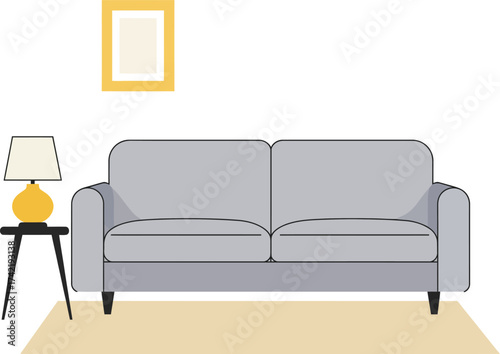 Modern living room scene with gray sofa table lamp and artwork flat design isolated on transparent background