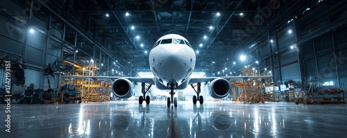 Front view of a passenger airplane parked inside large hangar with repair equipment, concept for aircraft maintenance, airline operations and aviation industry