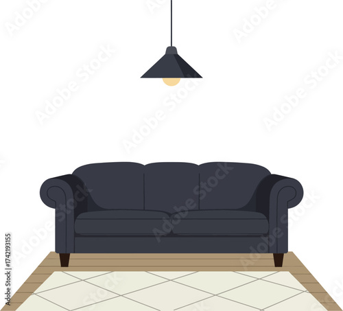 Modern living room scene featuring dark sofa pendant light and geometric rug isolated on transparent background