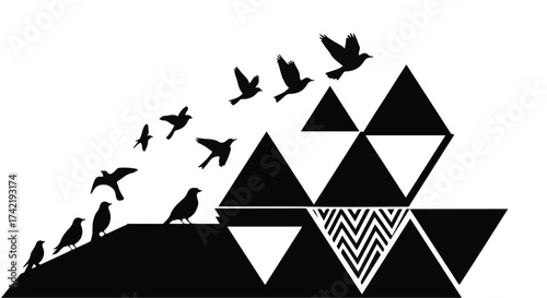 Flock of birds takes flight from abstract geometric landscape at dawn