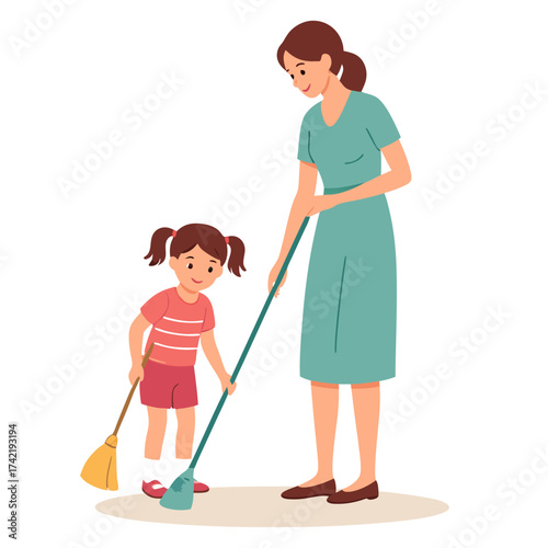 Mother and Daughter Cleaning Together with Brooms Vector Illustration.