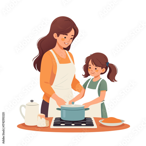 Mother and daughter happily cooking together in the kitchen.