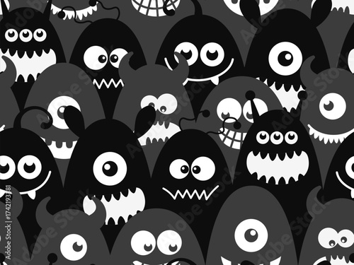Seamless Black and White Cute Monster Pattern. Halloween Doodle Background