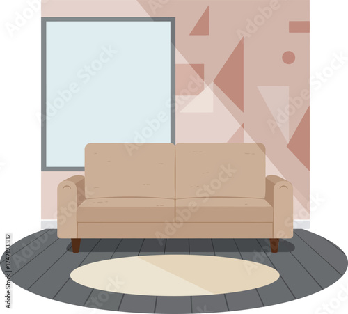 Modern living room scene with beige sofa and abstract geometric wall art isolated on transparent background
