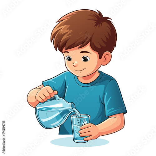 Smiling cartoon boy with brown hair pouring water from a blue pitcher into a clear glass.
