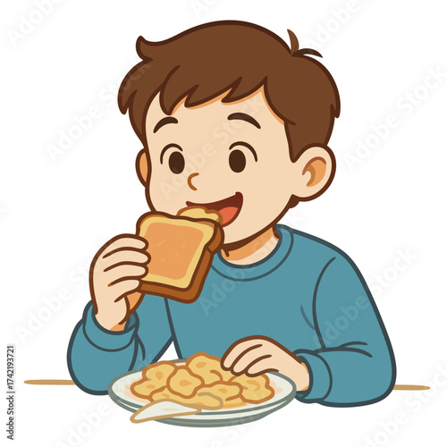 Smiling cartoon boy with brown hair eating a piece of toast plate of snacks nearby vector illustration.