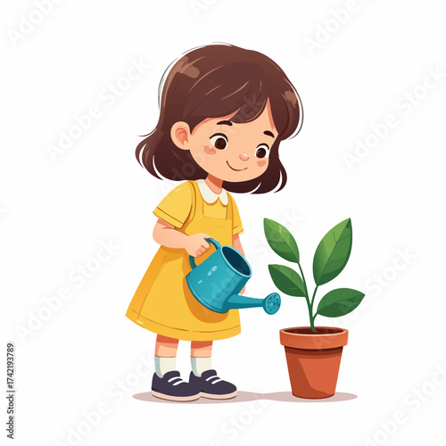 Smiling cartoon girl in a yellow dress watering a green plant in a pot with a blue watering can.