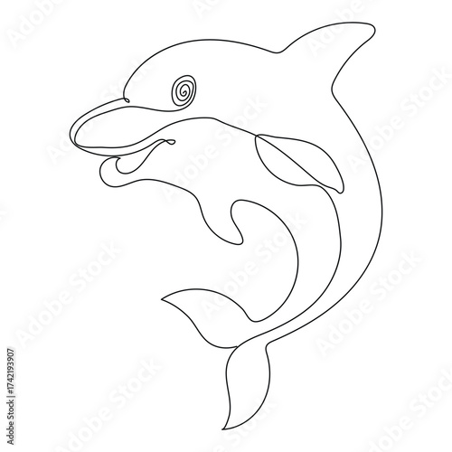Simple outline drawing of a happy dolphin swimming in the ocean water