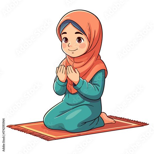 Smiling cartoon Muslim girl kneeling on prayer mat hands raised in prayer wearing orange hijab.
