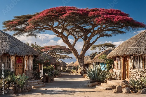 Vibrant African village scene with traditional thatched huts and a magnificent blooming acacia tree under a clear blue sky
