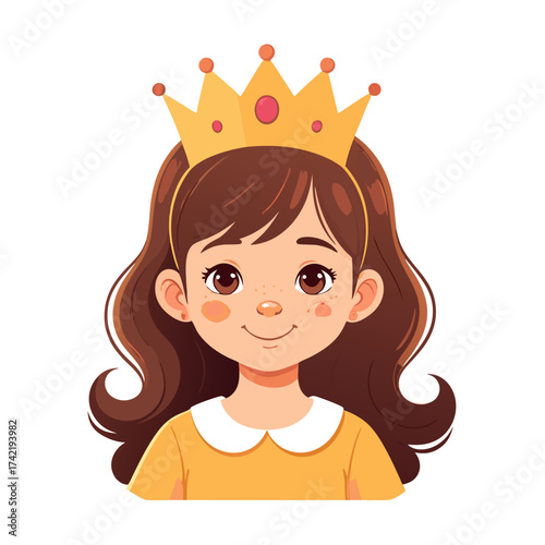 Smiling Cartoon Princess with Crown White Hair and Brown Eyes.