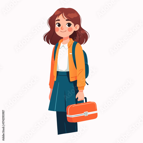 Smiling cartoon schoolgirl with brown hair orange jacket blue skirt carrying a backpack and a matching orange lunchbox.