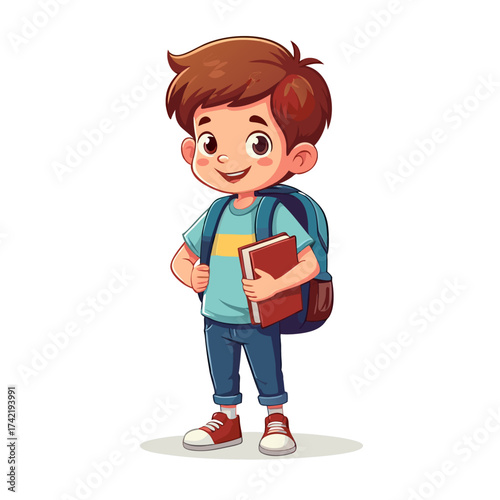 Smiling cartoon schoolboy with brown hair backpack and red book standing confidently.