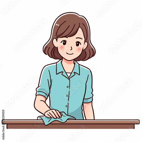 Smiling woman with a prosthetic arm wearing a blue shirt cleaning a wooden surface.