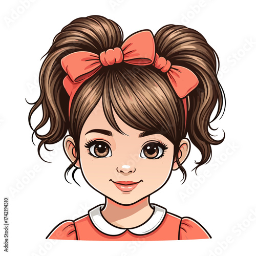 Stylized young girl illustration with pigtails coral bows one eye detailed other incomplete smiling.