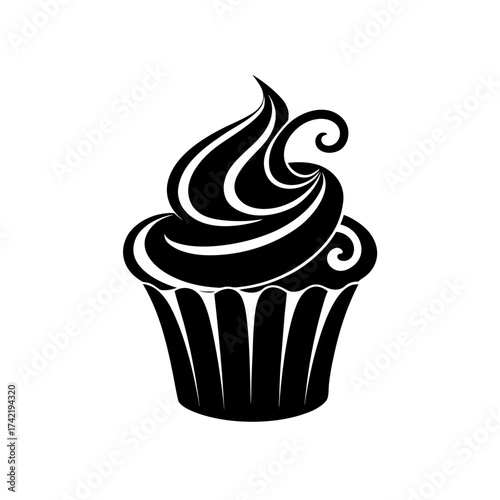 Illustration of a cupcake with black icing on transparent background