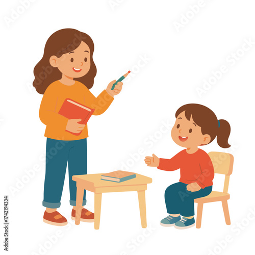 Teacher instructing a student with a book and pencil.