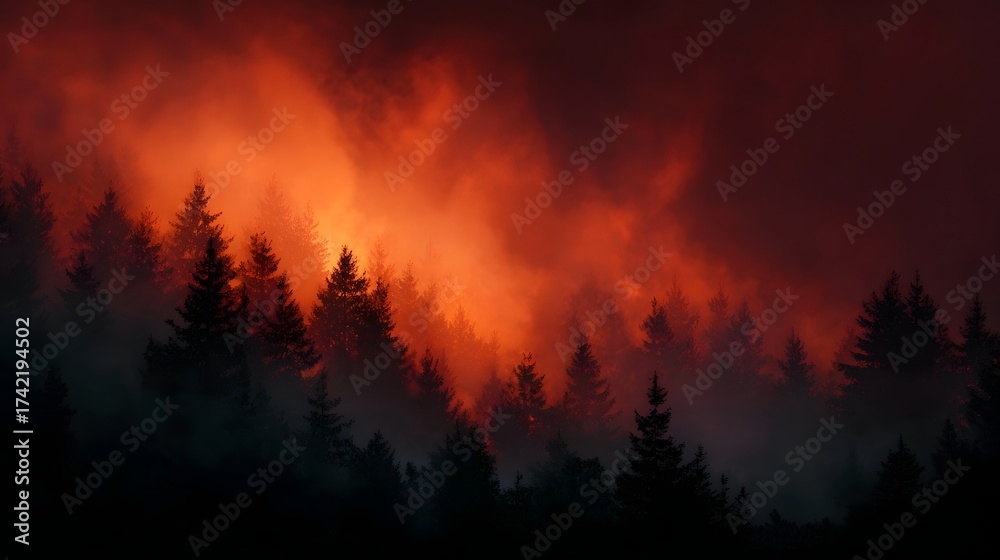 Fototapeta premium A dense forest is engulfed in a fierce wildfire with intense orange flames and smoke creating a dramatic ominous atmosphere