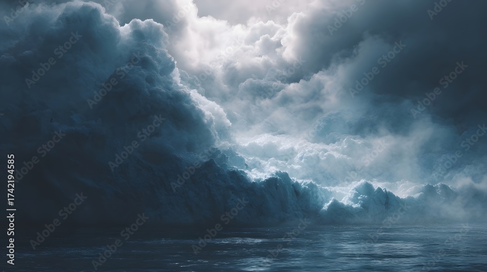 Fototapeta premium Dramatic scene of a glacier calving into turbulent ocean waters under a stormy sky