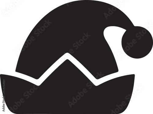 Black Silhouette of Christmas Elf Hat Icon, Simple black silhouette of a festive elf hat with pom-pom and zigzag trim, ideal for Christmas designs, decorations, and holiday graphics.

