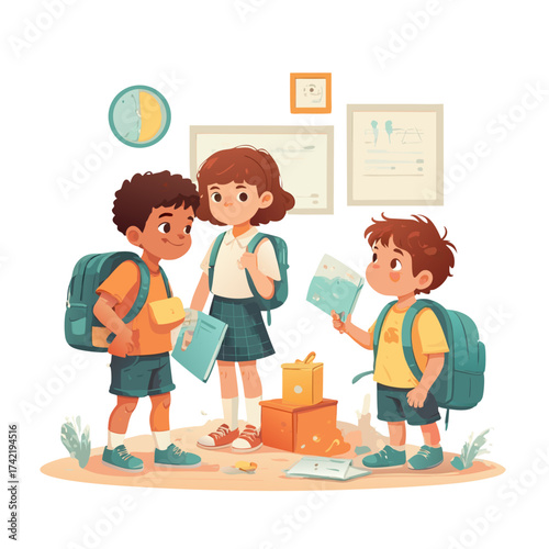 Three Cartoon School Children with Backpacks and Books Illustration.