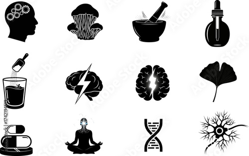 Nootropics and Brain Health Icons Enhancing Cognitive Function.