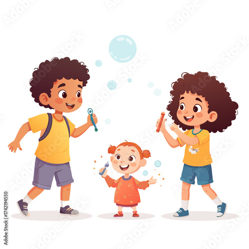 Three cheerful cartoon children two boys and a girl happily playing together and blowing soap bubbles with wands.