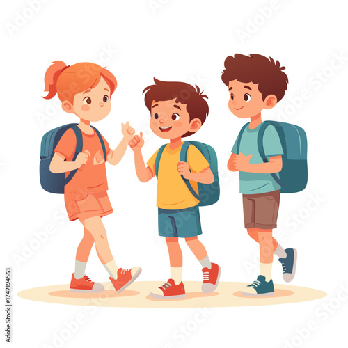 Three Cheerful Cartoon School Children with Backpacks Walking Together.