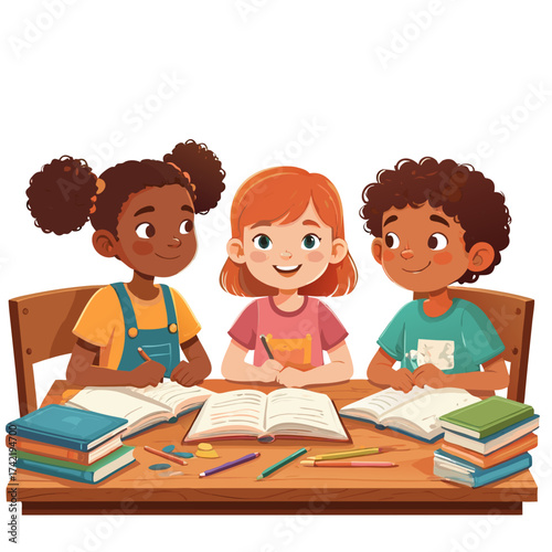 Three diverse cartoon children happily studying at a wooden desk surrounded by open books and colorful pencils.