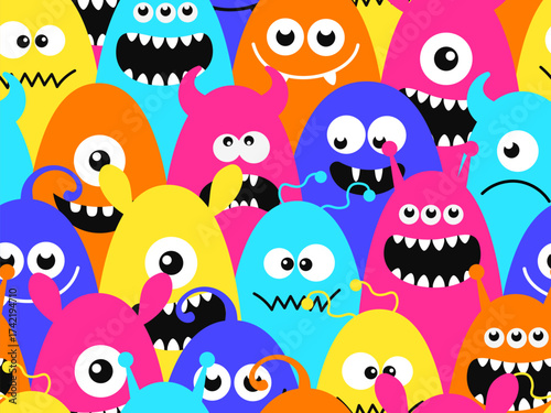Seamless Colorful Cute Monster Pattern. Funny Cartoon Halloween Background