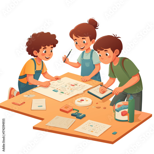Three happy children collaborating on a creative project drawing blueprints and using tools at a table.