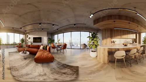 Panoramic View of Modern Open Concept Living Space with Warm Lighting and City Views Concrete Ceiling Accents Rich