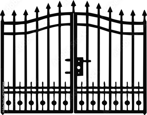 Elegant wrought iron gates and fence design ideas, vintage metal entrance architecture and security barriers illustration set