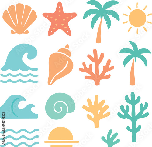 A colorful vector illustration set of summer elements with nature symbols, including sea shells, floral patterns, fish, and starfish on a seamless beach design